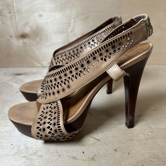 Diane Von Furstenberg Shoes - Diane Von Furstenberg Womens Heels Brown Leather Laser Cut Slingback Shoes Sz 9